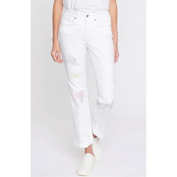 NYDJ Marilyn Straight Ankle Jeans With Multicolor Repair Optic White Size 4 - Picture 1 of 11